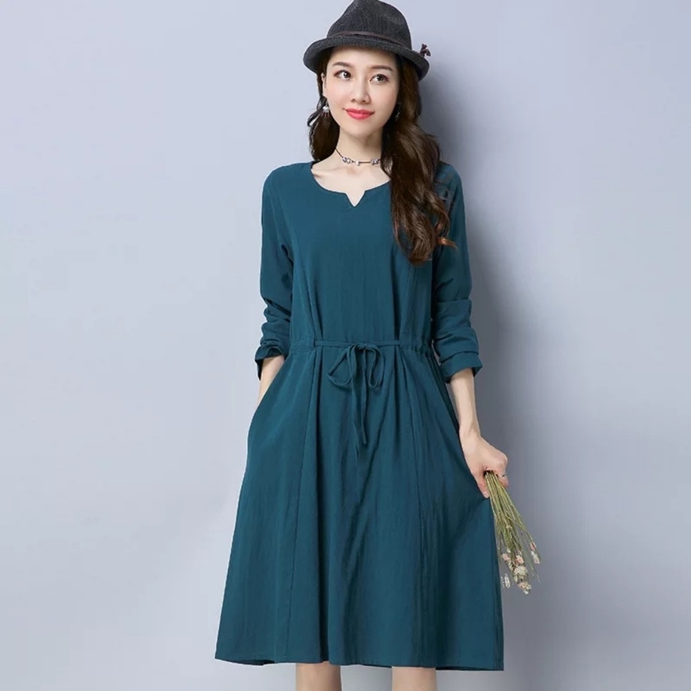 Linen summer casual dress green nwot pockets